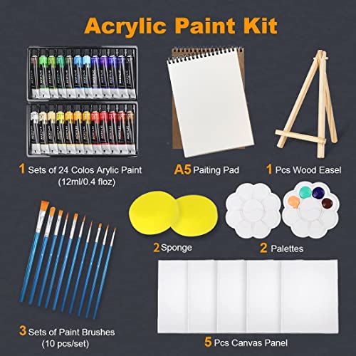 Colorful Acrylic Painting Kit - Paint Supplies Set With 24 Colors, 30 Brushes, 5 Canvases, 1 Pad, 2 Palette, 2 Sponge & 1 Wood Easel - Art Acrylic Paint Set For Beginners, Kids, Adults #TOP1