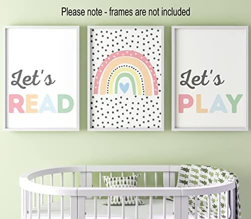 Rainbow Set of 3 Unframed Prints, Girls Boys Nursery Decor Wall Art, Playroom Poster, Bedroom Prints, Lets Read Lets Play Polka Dot (A4)