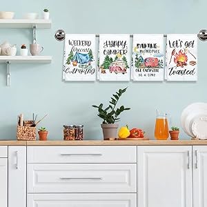 Camping Kitchen Towels Set of 4 Happy Camper Dish Towels Kitchen Hand Towels Kit Printed with Funny Sayings for Campers Camping Tent Pine Tree Farmhouse Decor Sign Home Decorations24X16inch
