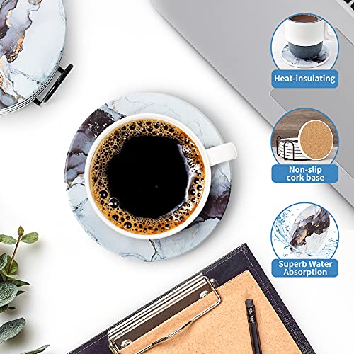 Coasters With Holder, Absorbent Coasters By Dsndves, Set Of 6 Ceramic Coasters, Marble Style Drink Coasters With Cork Base, Bar Coasters, Round Stone Coasters For Table Protection Black #TOP2