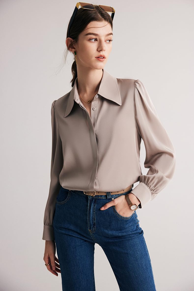 Camisa de Seda Color Crema con Botones para Mujer