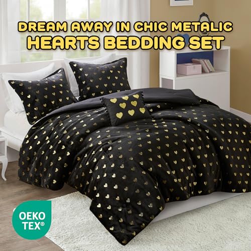 Image of Intelligent Design Queen Comforter Set, 4 Piece Metallic Hearts Bedroom Set for Girls, Queen Bed Set Soft Plush Comforter, Rosalie All Season Fluffy Bedding Set, Full /Queen, Black /Gold 4 Piece