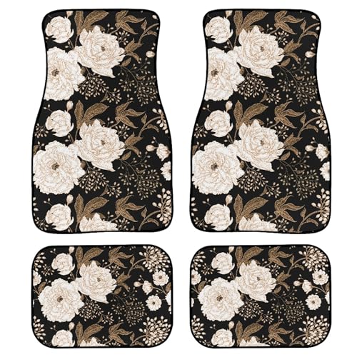 BENXINYA Retro Floral Print Car Mats Set of 4 Vintage Peony Flowers Leaves and Berries Oriental Style Floor Mats for Cars Non Slip Front Rear Vehicle Rugs Universal Auto Accessories for Trucks Sedans