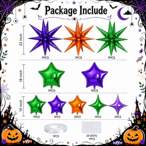 Image of Star Balloons Halloween Balloon Purple Orange Green Explosion Stars Balloon | 22 /18 /10 In Metallic Orange Purple Green Spike Stars Foil Balloon for Halloween Ghost Themed Birthday Gradution Party Decor