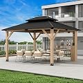LVUYOYO 11' x 13' Wood Gazebo, Outdoor Hardtop Gazebo, Double Galvanized Steel Roof Pergola with Built in Bar, Wooden Pavilion for Patio, Backyard, Garden, Deck
