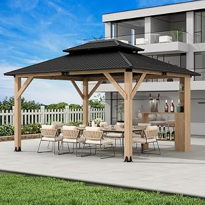 LVUYOYO 11' x 13' Wood Gazebo, Outdoor Hardtop Gazebo, Double Galvanized Steel Roof Pergola with Built in Bar, Wooden Pavilion for Patio, Backyard, Garden, Deck