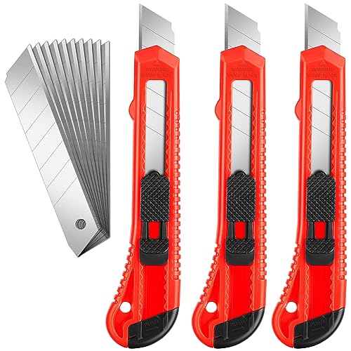 JOYUMY 3 Pack Box Cutter Utility Knife, Retractable Box Knife for Cartons, Cardboard and Boxes, with 10 Piece 18mm Wider Snap-off Blade, Retractable Utility Knives Perfect for Office and Home Use