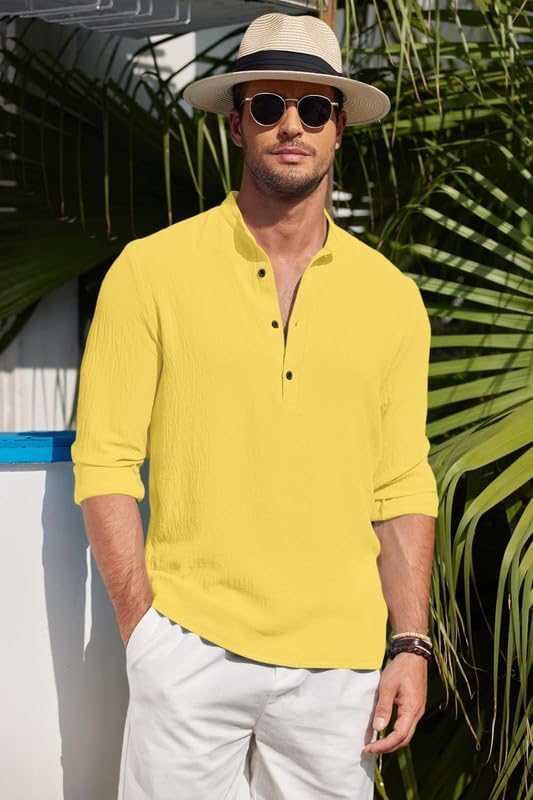 Image of Men's Cotton Blend Straight Kurta Shirt Combo with Mandarin Collar - Slim Fit Casual Short Kurti Set Featuring Textured Slub Fabric and Roll-Up Full Sleeves