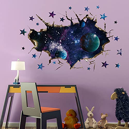 Asmpio 3D Space Galaxy Wall Decor Stickers, Removable Broken Outer Space Planet Waterproof Vinyl Floor Decals, 3D Art Magic Wall Mural Decals For Kids Bedroom Living Room Nursery Home Wall Decor #TOP4