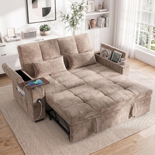 Image of Dreamzie 65'' Convertible Sleeper Sofa Bed with Swivel Side Table, Chenille Pull Out Couch for Living Room, Loveseat Sleeper Couch with Hidden Storage Space | Charging Port | Cup Holders, Brown
