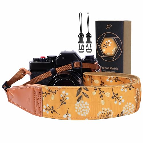 Image of Padwa Lifestyle Camera Strap - 2 inch Full Grain Leather Ends Camera Straps for Photographers, Vintage Embroidered Cotton Weave Soft Suede Fabric Padded Strap Quick Release fits All Cameras