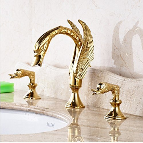 Robinet de lavabo col de cygne doré haut de gamme style rétro chic 3 pièces