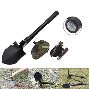 Hovico Military Portable Folding Shovel and Pickax, Small Compact Pickaxe with Carrying Pouch, Military Entrenching Survival Multitool for Camping, Hiking, Backpacking, Pouch Included(Black)