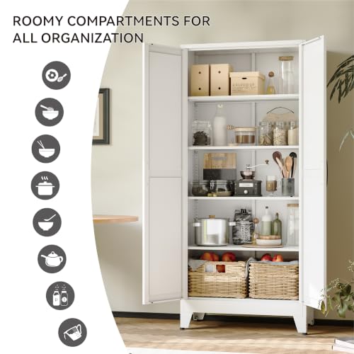 Image of COFaR 71 inch White Farmhouse Pantry Cabinet with Doors and Adjustable Shelves | 5-tier kitchen pantry cabinet with square-panel doors and 4 adjustable shelves for laundry room, office or garage storage.