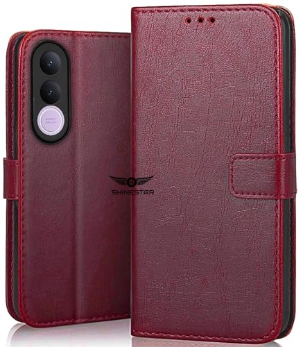 SHINESTAR Vivo V70 FE 5G Flip Back Cover | PU Leather Flip Cover Wallet Case with TPU Silicone Case Back Cover for Vivo V70 FE 5G- Red