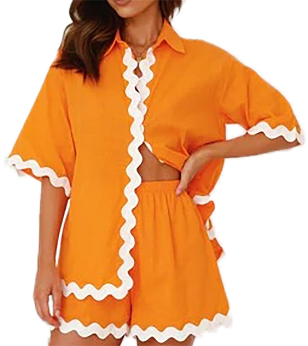 KINGDOLA Mujer Juego de Dos Piezas Ropa Manga Corta Solapa Camisa Top y Pantalones Cortos Conjuntos Casual Ropa Deportiva