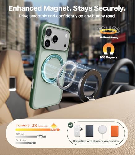 Image of TORRAS 360 Magnetic Stand for iPhone 17 Pro Case, Ostand 3.0[Fit for MagSafe][4X Mil-Grade Shockproof] Rotatable Kickstand Protective Cover, Camera Control Button, Translucent Pine Green, O3 Fitness