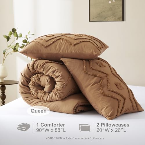 Image of Oli Anderson Boho Tufted Comforter Set Queen Size, 3 Pcs Soft Jacquard Bedding Set for All Seasons, Shabby Chic Farmhouse Bedding Set with Comforters for All Seasons (Pumpkin, Queen)