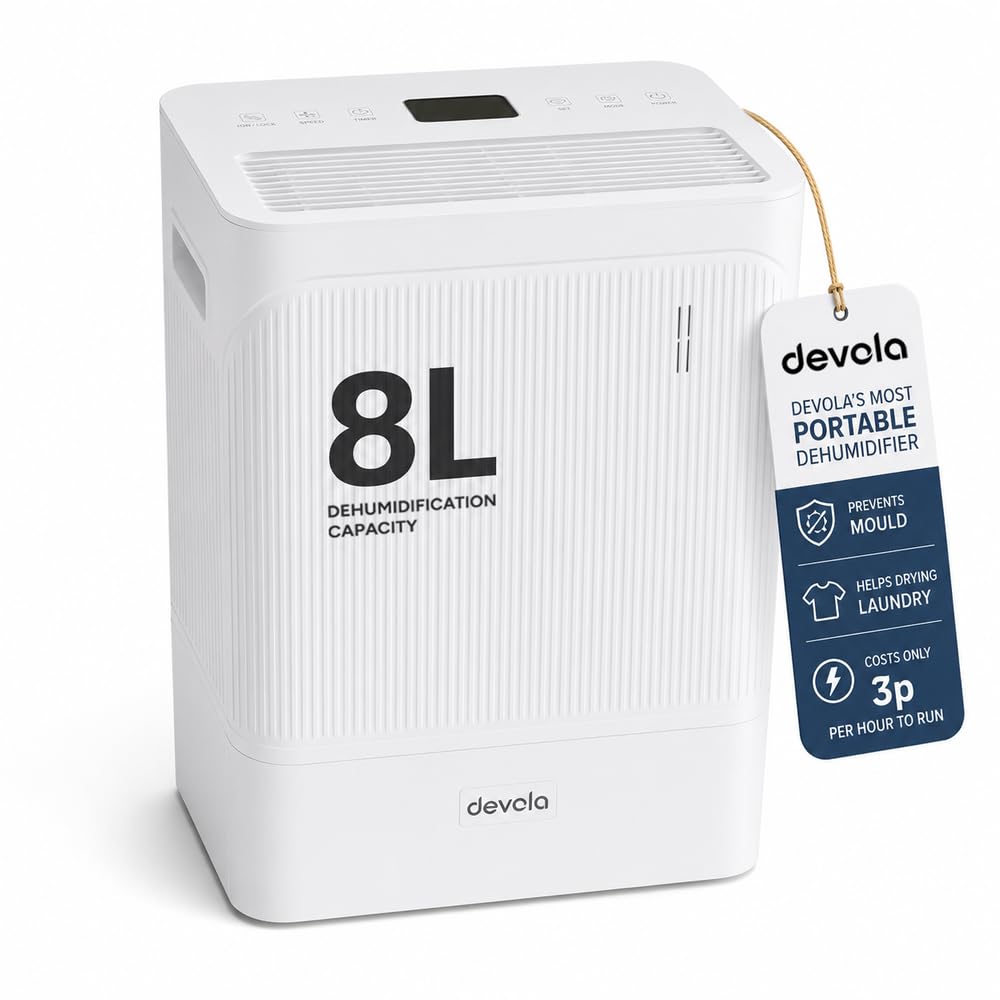 Devola 8L/Day Portable Compressor Dehumidifier for Home, Bedroom & Bathroom