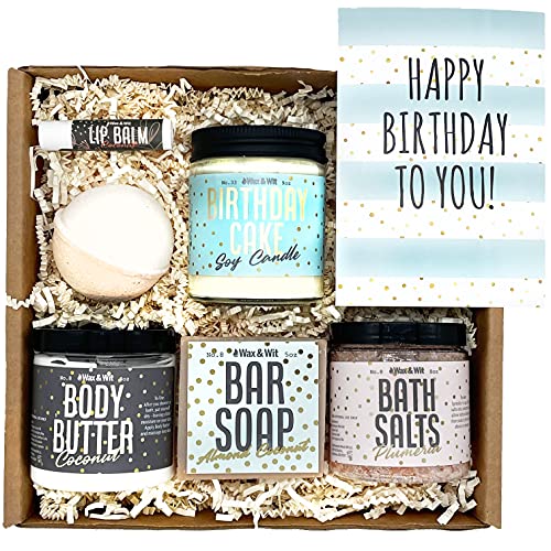 Mom Birthday Gifts by Wax & Wit | Relaxing Gift Basket for Women Wife Sister Girlfriend, Spa Set Birthday Box includes 7 Piece Set, Happy Birthday