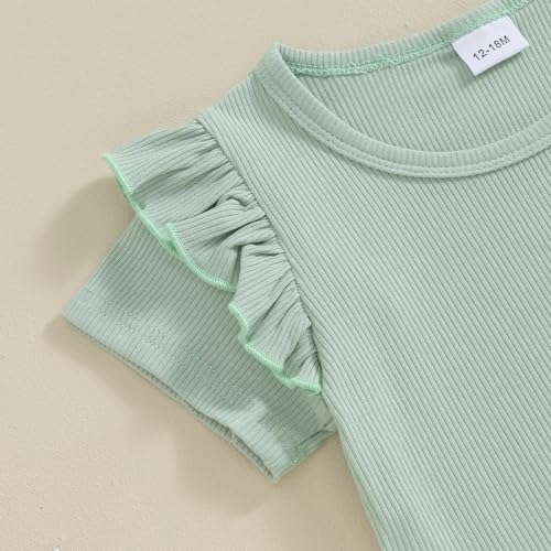 Fernvia Toddler Baby Girl Summer Clothes Set Ruffle Knit Ribbed Short Sleeves T-Shirts Tops Pants 2Pcs Outfits 0-5T (C-Green, 4-5 Years) - Thumbnail 3