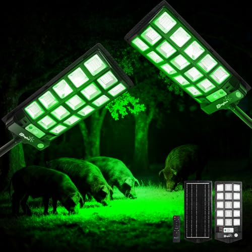 BINGLUX Hog Lights for Night Hunting 20000LM - 2Pack Green Light for Hunting Hogs with 9.3 Metal Light Bracket Motion Sensor & 65FT Remote Waterproof Solar Hog Feeder Lights for Deer Coyote Varmint