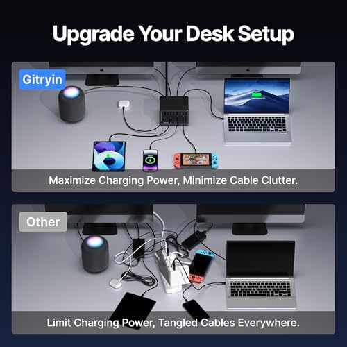 Image of Gitryin 12-in-1 Desktop Charging Station with 3 Retractable Type-C Chargers and 1 Lightning Charger, 40W USB-C Power Strip with Flat Plug, Extension Cord with 1020J Surge Protection for Home Office