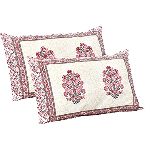 Image of elanorhomes Pure Cotton Floral Pillow Covers Set of 2 (27x18) - Rosy Glow with Zip Closure, 180 TC, 68 x 45 cm, Multicolor