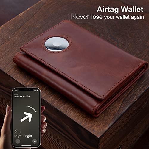 Trifold AirTag Wallet Men,Wallet with Air Tag Holder Genuine Leather RFID Blocking Wallet for Apple Airtag Brown (Apple Airtag Not included)3
