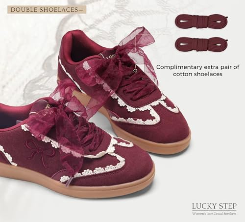 LUCKY STEP Women’s Lace Detail Casual Sneakers Organza Ribbon Lace-Up Fashion Vintage Gum Sole Trendy Cute Shoes3