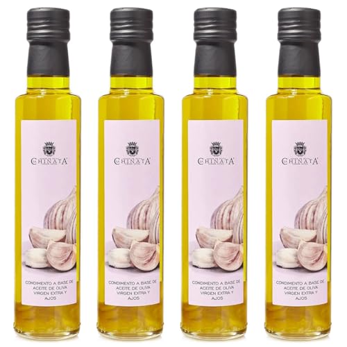 La Chinata Condimento de Aceite de Oliva Virgen Extra con Ajo Natural – Sabor Intenso y Saludable – Ideal para Pastas, Carnes. Pescados y Ensaladas – 250 ml (Pack 4)