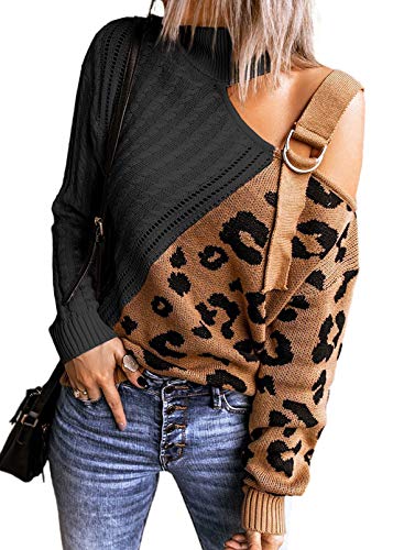 BLENCOT Women Long Sleeve Turtleneck Cold Shoulder Sweater Leopard Patchwork Loose Fit Pullover Autumn Knitted Tops M Black