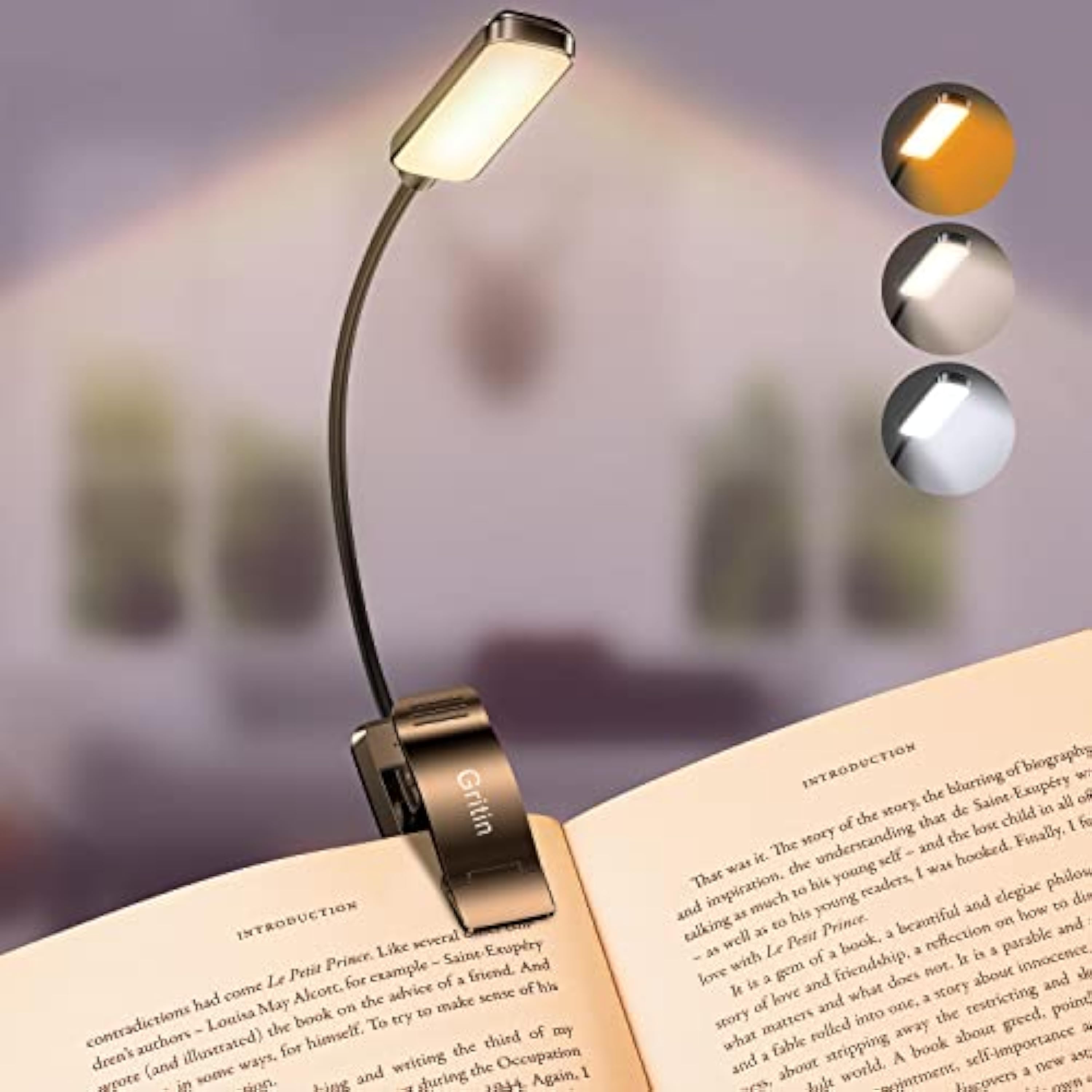 Gritin Luz de Lectura Recargable, Lampara Libro de Lectura con 9 LED/3 Modos de Protección de Los Ojos - Atenuación Continua, Batería de Larga Duración, 360° Flexible Luz de Libro con Clip