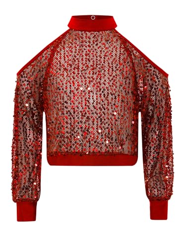 Kids Girls Shiny Sequin Dance Cropped Tshirt Tees Long Sleeve Cold Shoulder Mesh Crop Top3