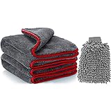Plartree 1200 gsm Toalla de Limpieza de Microfibra,Guante de Chenilla Lavado de Coche,absorbentes y extrasuaves sin Pelusas para Pulido,Lavado,Limpio,Limpieza de Cocina(40x40cm)(Toalla x2+ Mitón x1)