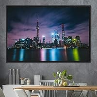 Framed Canvas Wall Art City Illuminations Aerial Cityscape Contemporary Multicolor Photography Places Realism Ultra Urban - 16x24 inches