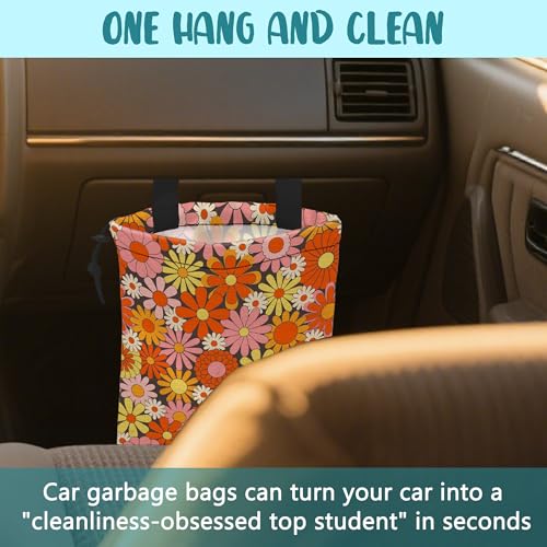 Image of Car Trash Bag Retro Abstract Groovy Flowers Hanging Drawstring Car Organizer and Storage Bag with Adjustable Buckle Canvas Garbage Bin for Back Seat or Hanging Headrest Car Decor Road Trip Essentials