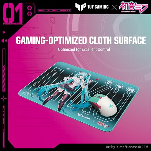 asus tuf gaming p1 hatsune miku edition portable gaming mouse pad  10 x 8 medium size aqua protective coating water-resistant surface durable anti-fray stitching non-slip rubber base