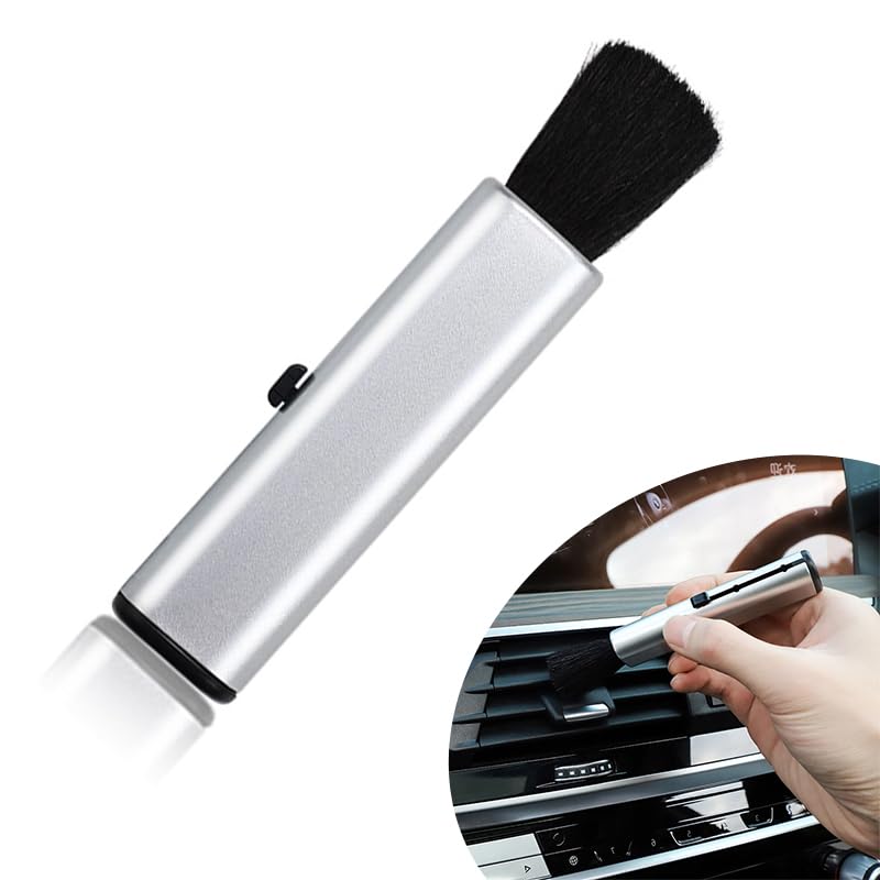 Yumfugu1 PC Car Detail Cleaning Brush, 3.74" Soft-bristled Dust Clean Brush for Air Conditioning Outlets Dashboard Gaps, Portable Telescopic Accessories, Compatible with Most Car Models (Silver)