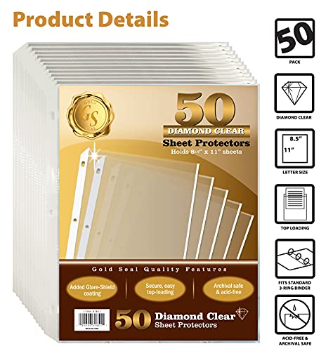 Image of GOLD SEAL Sheet Protectors, 50 Pack 8.5 x 11 Anti-Glare Sheet Protectors for 3 Ring Binder, Top Load Page Protectors for 3 Ring Binder, Durable Clear Plastic Sleeves