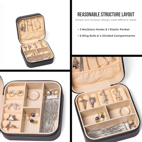 Image of INOVERA (LABEL) Stylish Jewellery Organiser Box for Womens & Girls -Small Portable Travel Case for Storing Rings, Earrings, Necklace with Zipper (Black)