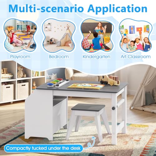 Image of Costzon Kids Art Table and Chairs, Wooden Activity Desk Set w /Paper Roll, 4 Paint Cups, Storage Shelves and 2 Fabric Bins for Drawing Playing, Craft Toddler Table Set for Playroom Nursery & Classroom