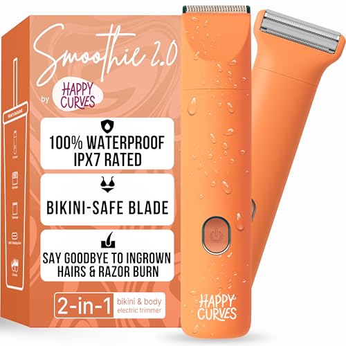 HAPPY CURVES Smoothie 2.0 Bikini Trimmer - Electric Razor for Women, Waterproof Hair Groomer with Adjustable Guards, Personal Shaver for Pubic Hair, Ladies Intimate Shaver and Body Trimmer (Mango)