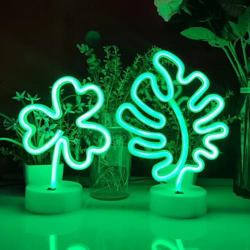 Image of JYWJ Neon Signs with Holder Base,USB or 3-AA Battery Powered Neon Light,LED Table Decoration,Bedroom Wall Decoration,Birthday Gift,Wedding Supplies Business Gift(Leaf)