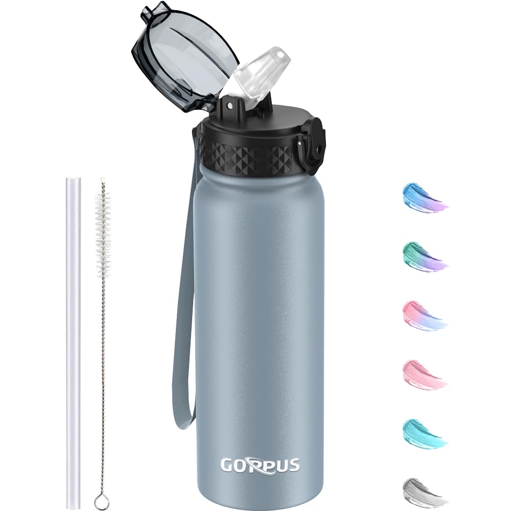 GOPPUS 600ml/20oz Stainless Water Bottle with Straw Double Wall Insulated Bottles with Strap One Hand Open Vacuum Thermal Flask Leakproof Keep Cold Bottles with Flip Top Lid BPA Free (Gray) — image 1
