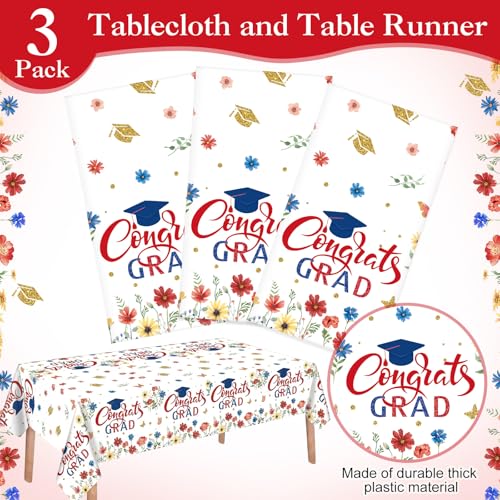 Image of Ganeen 3 Pcs Graduation Tablecloth Floral Class of 2026 Congrats Grad Table Cloth Red Blue Disposable Plastic Rectangle Table Cover for 2026 Graduation Decoration Grad Party Supplies, 54 x 108 Inch