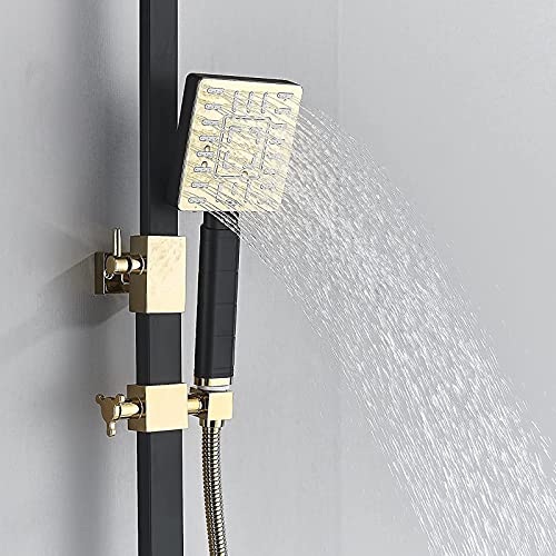 Columna de ducha termostática cuadrada para baño color negro y dorado con función de lluvia y ducha de mano, altura ajustable miniatura 5