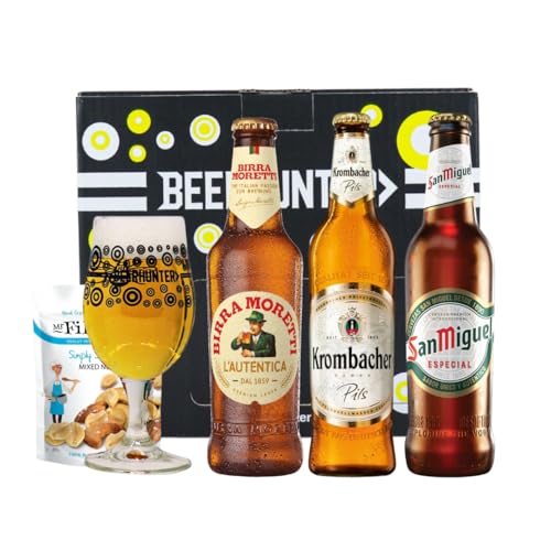 Premium European Lager Gift Pack with Official Beerhunter Glass (San Miguel, Krombacher, Birra Moretti) - Premium Selection, Gifts For Him, For Her, Christmas, Birthday's, Father's Day
