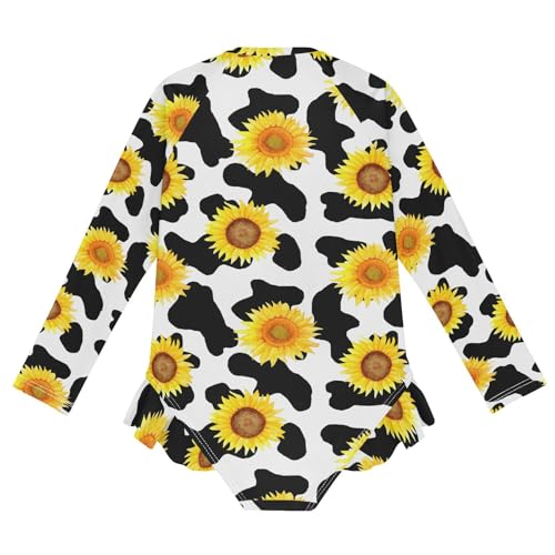 Girls Swimsuits Long Sleeve Bathing Suits Sunflower Cow Print UPF 50+ Sun Protection Swimwear 3-12 Years2