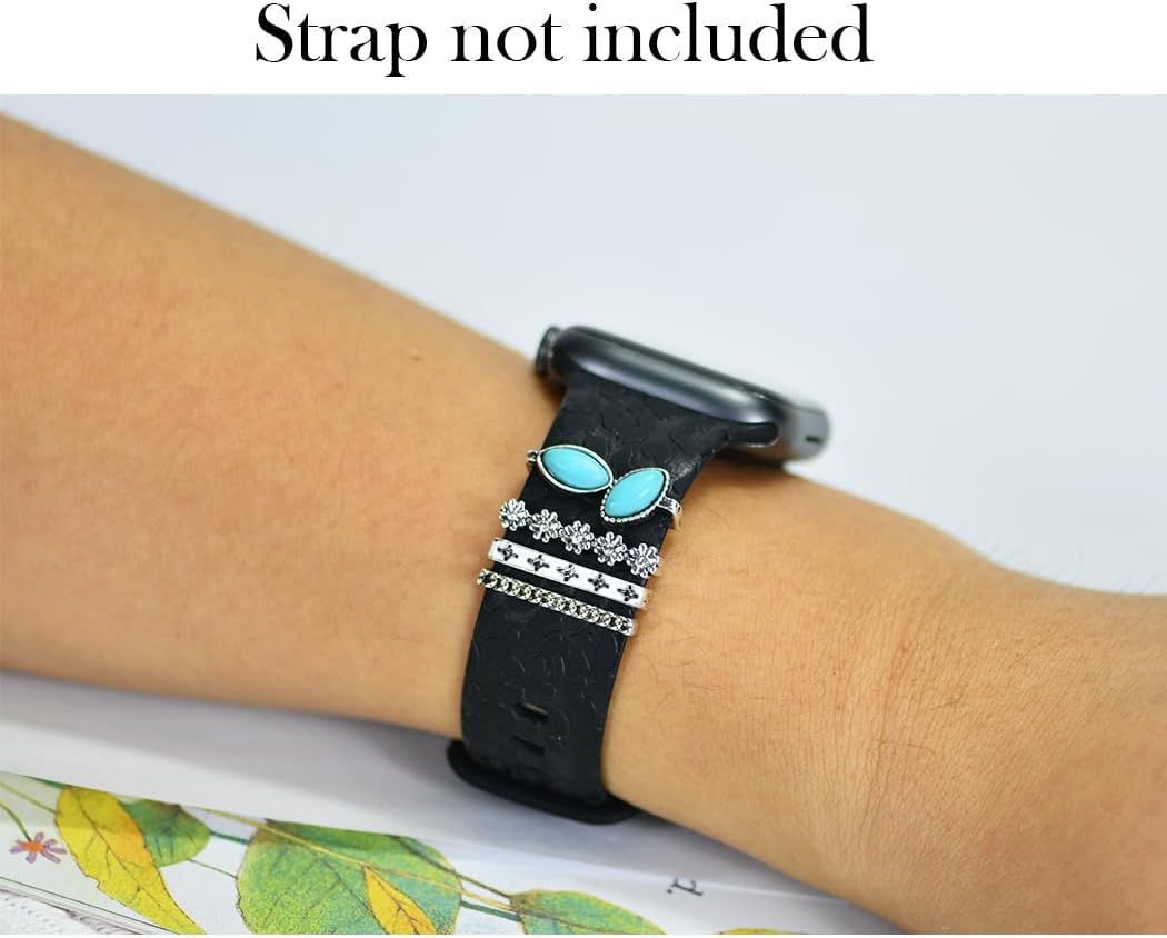 Women Decorative Watch Band Charms for Apple Watch 38mm 40mm 41mm 42mm 44mm 45mm 49mm, Turquoise Slide Ring Loops Jewelry Silicone Smartwatch Strap Accessories , Boho Diamond Metal Charms Nails Studs for Iwatch Band Charms Series Ultra 8 7 6 5 4 3 2 se，for Samsung Galaxy Fitbit(No Band)